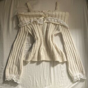 SHEIN Off-White, Off the shoulder sweater, With lace and bow details.